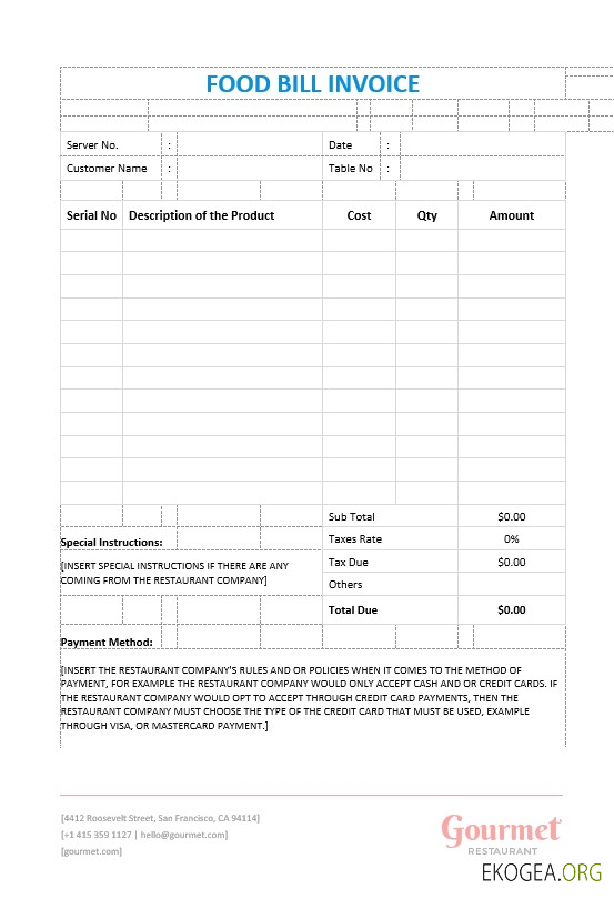 Modèle de facture de facture alimentaire